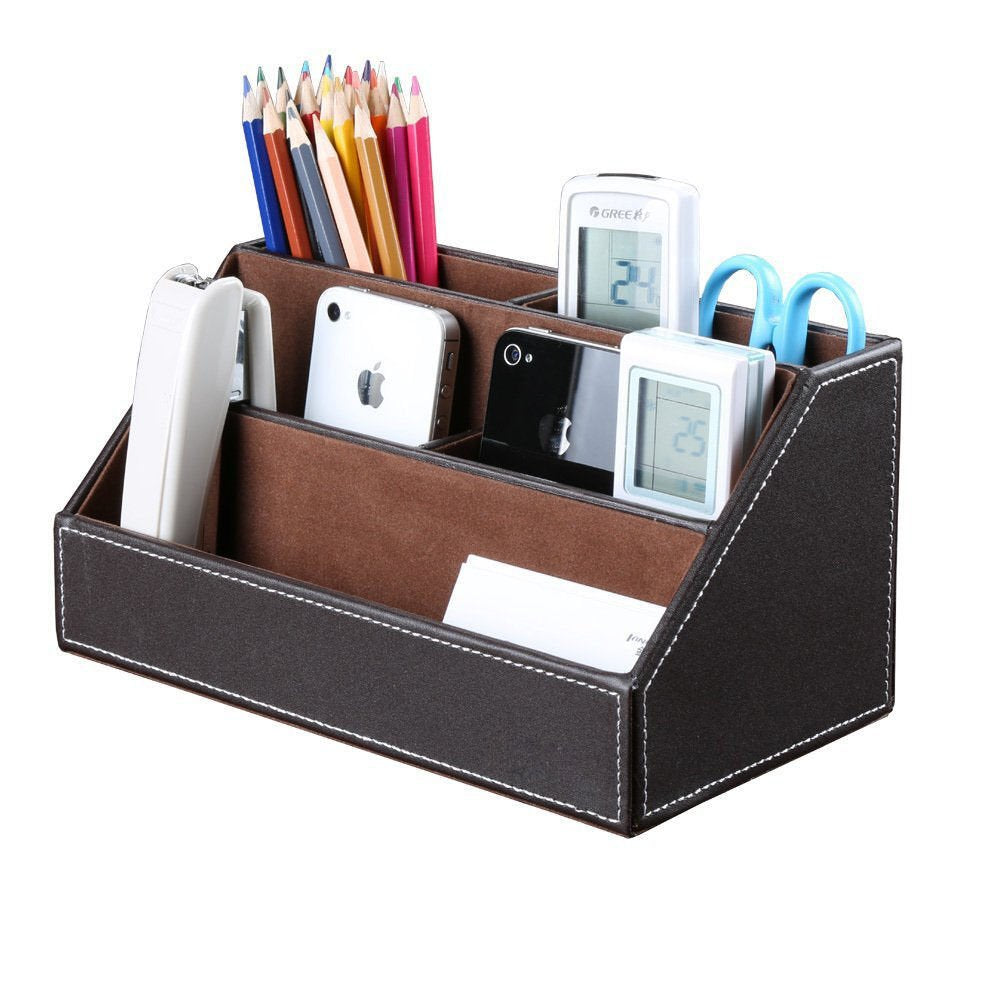 KINGFOM 5PCS Desk Organizer and Accessories Set, Pu Leather Office Supplies with Multifunction Desktop Organizer Storage Box, Tissue Holder, Mouse Pad, Note Paper Holder, Pencil Holder for Desk Brown