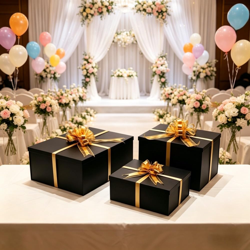 UoeRing Black Extra Large Gift Box 2Pcs 22x17x9 inch,luxury Gift Box with Lid for Presents Birthday Christmas Valentine's Day (Includes Pull Bows,Card,Envelope,Filler)