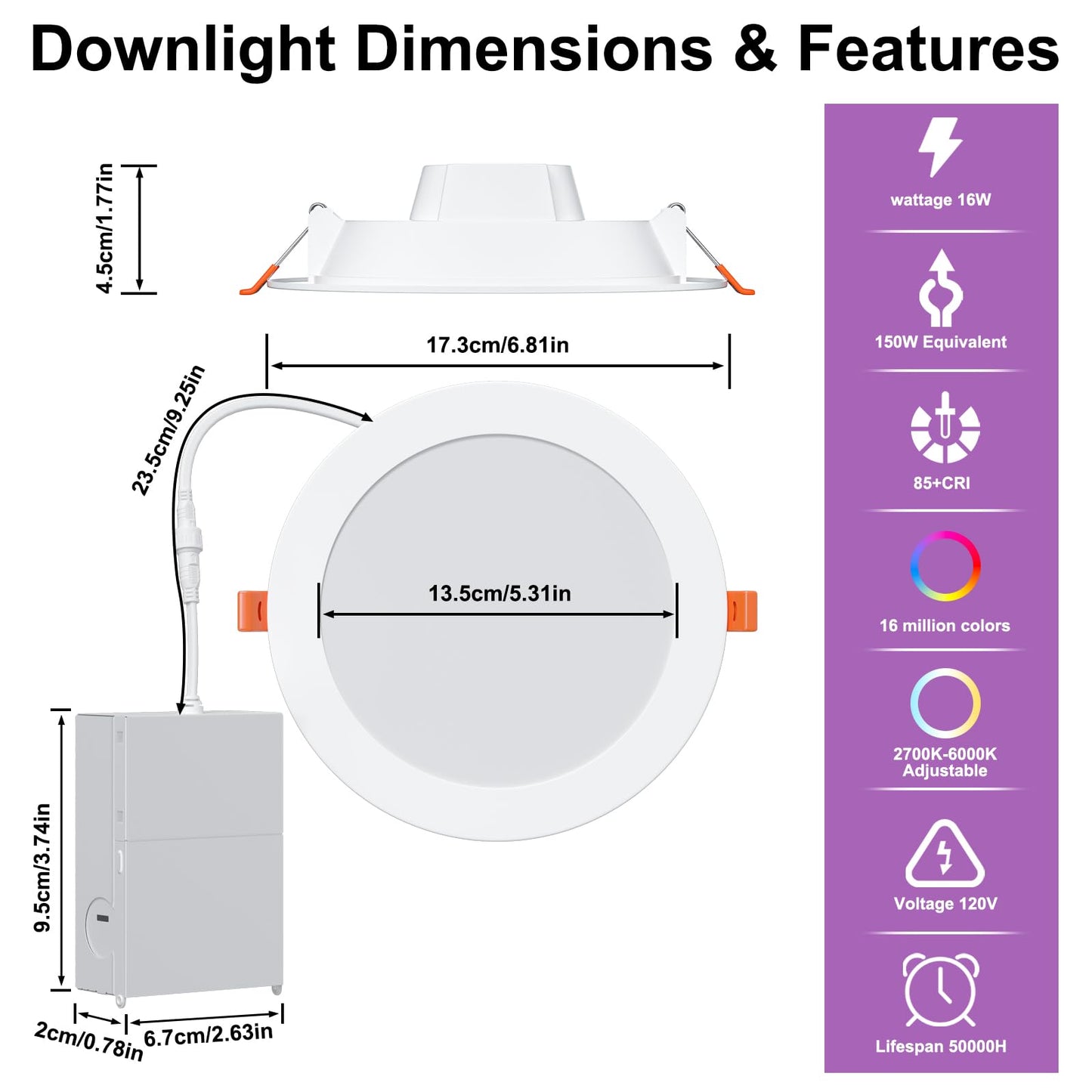 SikSog Smart Recessed Lighting 6 Inch RGBCW Color Changing 16W LED Downlight with Junction Box,1350 Lumen Recessed Ceiling Light Compatible with Alexa,Dimmable by Bluetooth Control -12Pack