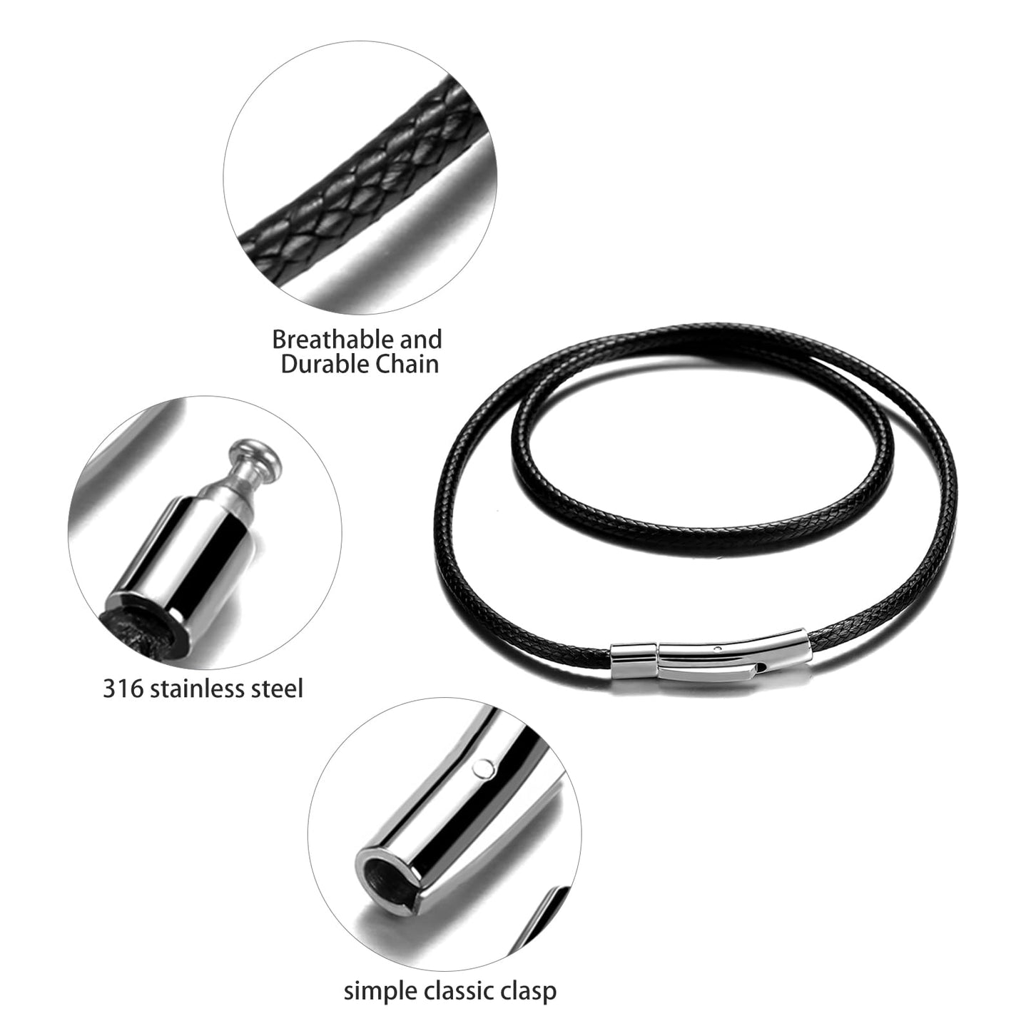 2mm Black Waterproof Braided Leather Cord Necklace with Durable Stainless Steel Snap Clasp Men Women Woven Wax String Rope Chain for DIY Pendant Length 18"