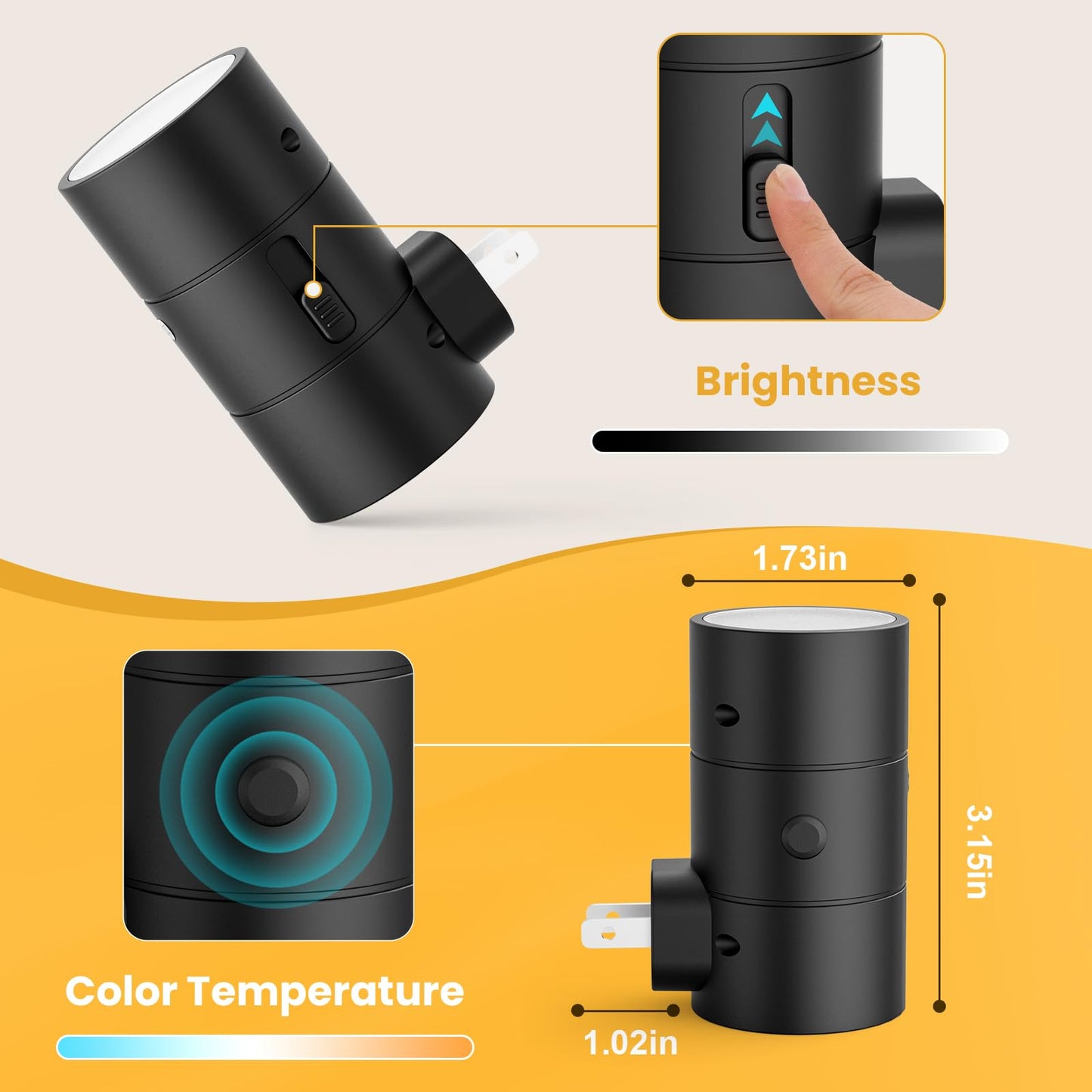 VOLISUN Night Lights Plug into Wall, Dimmable LED Nightlight with Dusk to Dawn Light Sensor, 0-100LM Adjustable Brightness, 3 Color Temperatures, Smaller Plug Black 2 Pack for Hallway,Bedroom,Bathroom