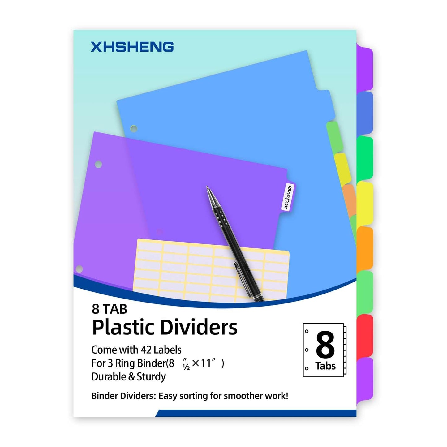 Binder Dividers for 3 Ring Binder,8 Tab Plastic File Dividers, Multicolor,Pack of 6sets(48 Dividers Total)