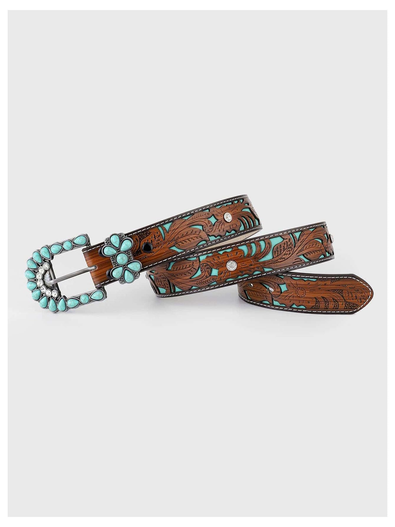 GORGLITTER Women's Turquoise Belt Leather Western Belts Embossed Waist Country Belts for Jeans Pants Brown suit waist size:29.5-33.5"