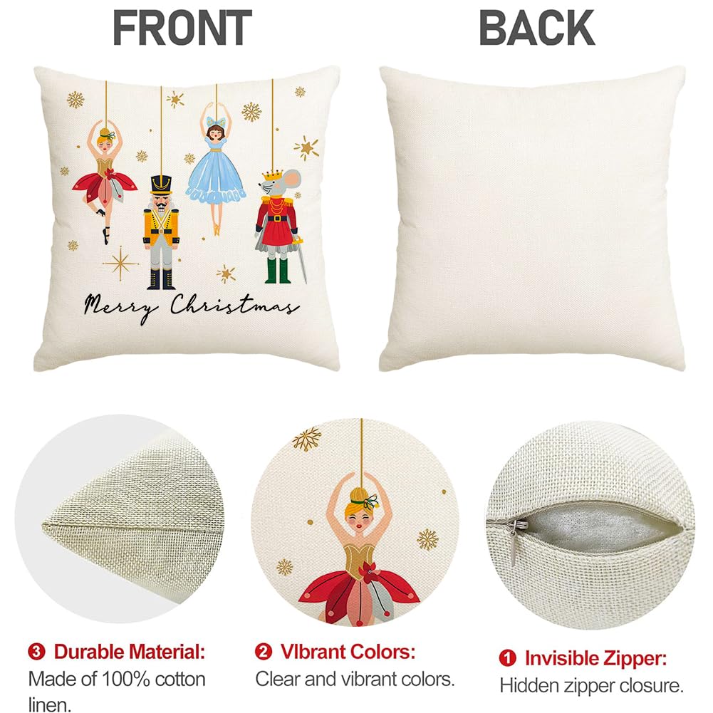 Christmas Pillow Covers 18x18 Inch Set of 4 Nutcracker Christmas Decorations Gold Gingerbread Merry Christmas Throw Pillow Cases Xmas Outdoor Winter Decor Decorative Pillows for Couch Holiday Party