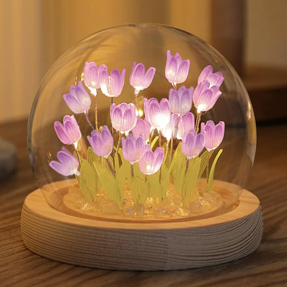 (20 Flower) Assembled Tulip Lamp Night Light with Glass Dome, Cool Handmade Artificial Flower Table Lamp Bedroom Desk Decoration for Women Girlfriend Sister Besties Birthday Christmas Gift (Purple)