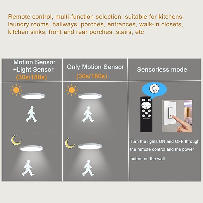 12 Inch Motion Sensor Ceiling Light Indoor Wired, LED Motion Sensor Light Indoor with Remote, Flush Mount Light Fixture for Closet Hallway Laundry Porch Pantry, White