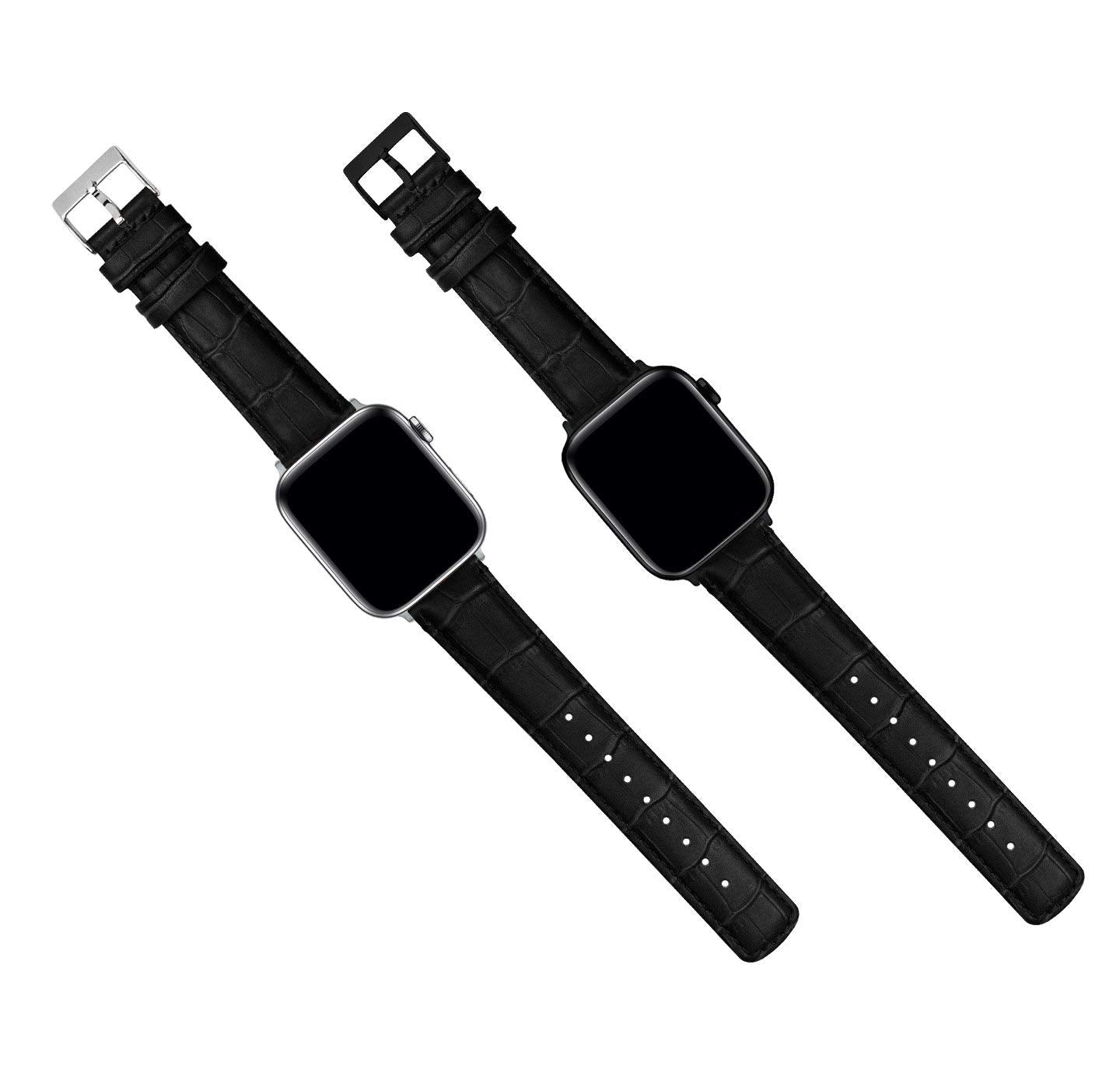 BARTON WATCH BANDS - Black & Stainless Hardware Alligator Grain Leather Watch Bands Compatible with Apple Watch Models - 1, 2, 3, 4, 5, 6, 7, 8, 9, 10, SE, Ultra & Ultra 2 - (42mm/44mm/45mm/49mm)
