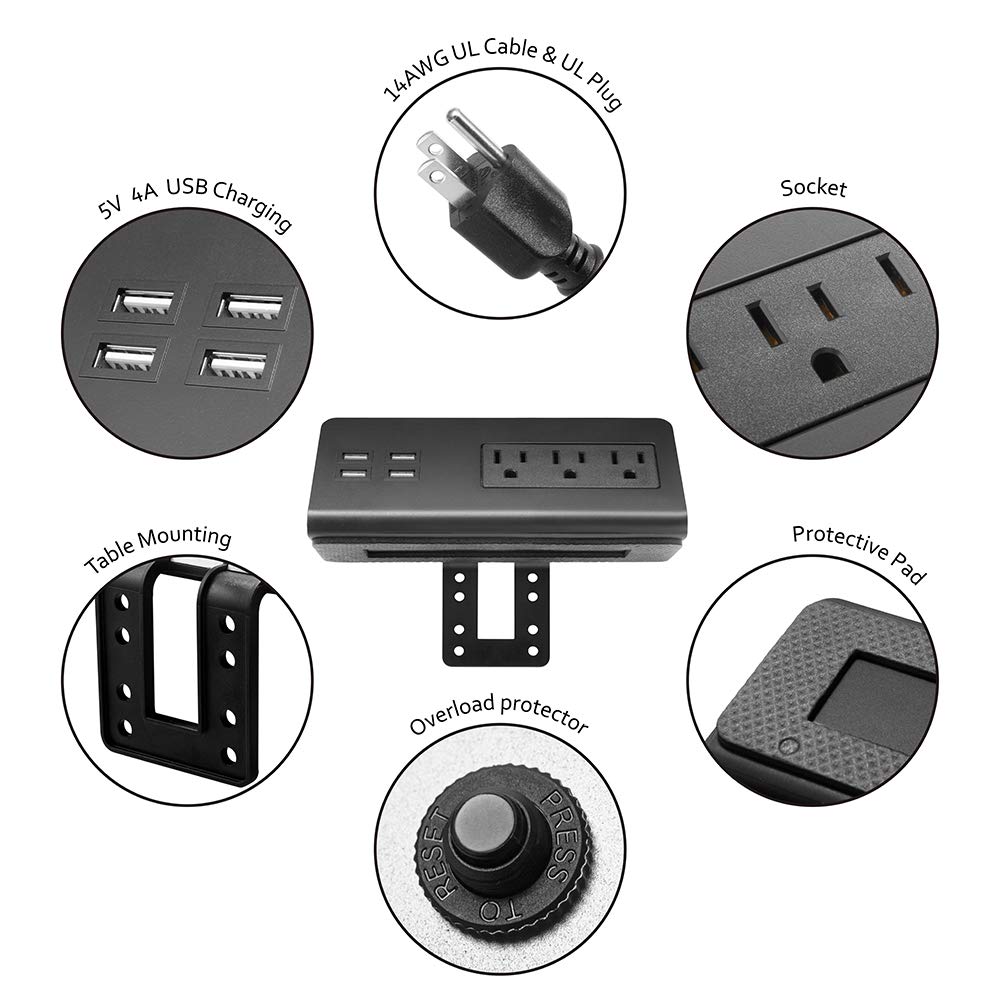 Emerising 2-Pack Desk Edge Mount Power Strips with 4 USB Ports & 3 AC Power Outlets for Home and Office Desktop Charging Bucket