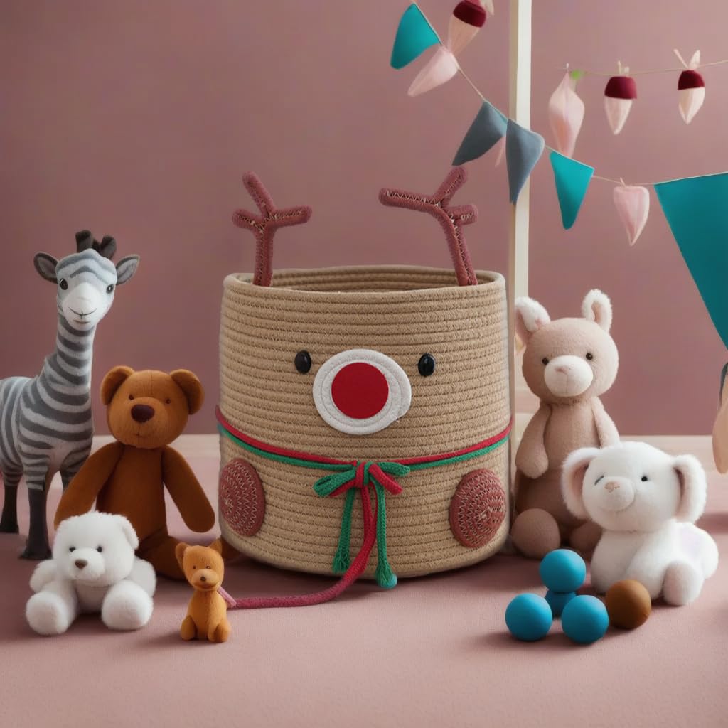 Hugabow Christmas Deer Basket, Reindeer/Elk, Christmas/Baby Gift Basket, Cute Toy Basket, for Nursery, Clothes, Towels