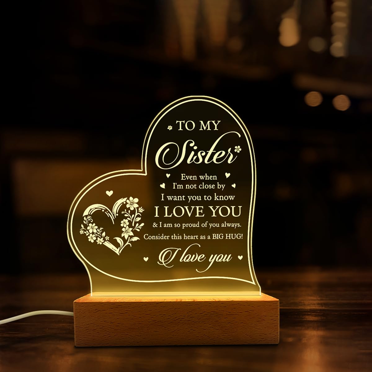SANDJEST Acrylic Night Light - Thoughtful Gift for Sister or Brother - Long Distance Lamp for Birthday or Christmas
