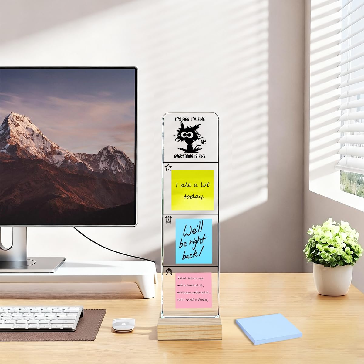Monitor Memo Board with Removable Wooden Base Acrylic Portable Sticky Note Holder, It's Fine I'm Fine Everything is Fine Logo Office Desk Desk Set Sticky Notes 100 Sheets