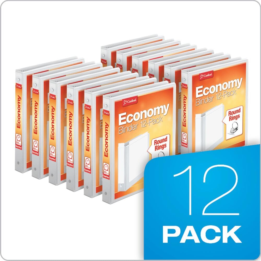 Cardinal 1 Inch 3 Ring Binders, White, 12 Pack, Round Ring Binder, Holds 225 Sheets, PVC Free, Customizable Covers, 2 Pocket View Binders for Office and School Organization