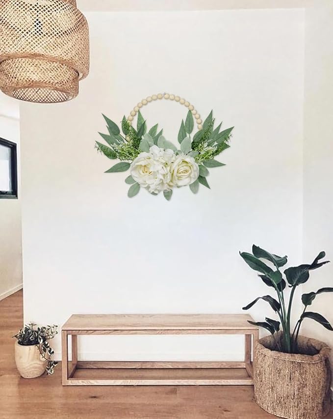 Spring Wreaths for Front Door 10" Artificial Floral Wood Bead Wreaths Eucalyptus Leaves Rose Hydrangea Wreaths for Front Door Boho Farmhouse Wall Decor 2 Pack - White
