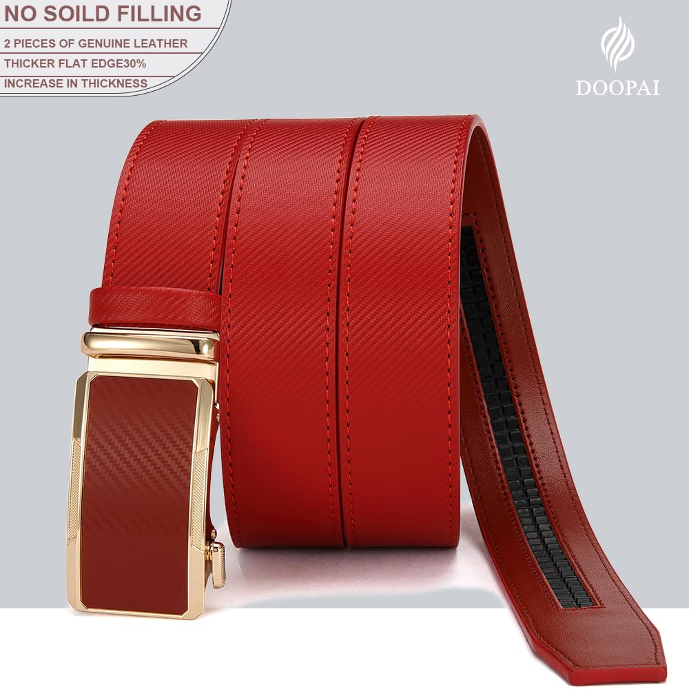 DOOPAI Men's Adjustable Ratchet Belt -Red Leather Dress Belt for Men, Customizable Fit, Easy to Use, Maximum Durability
