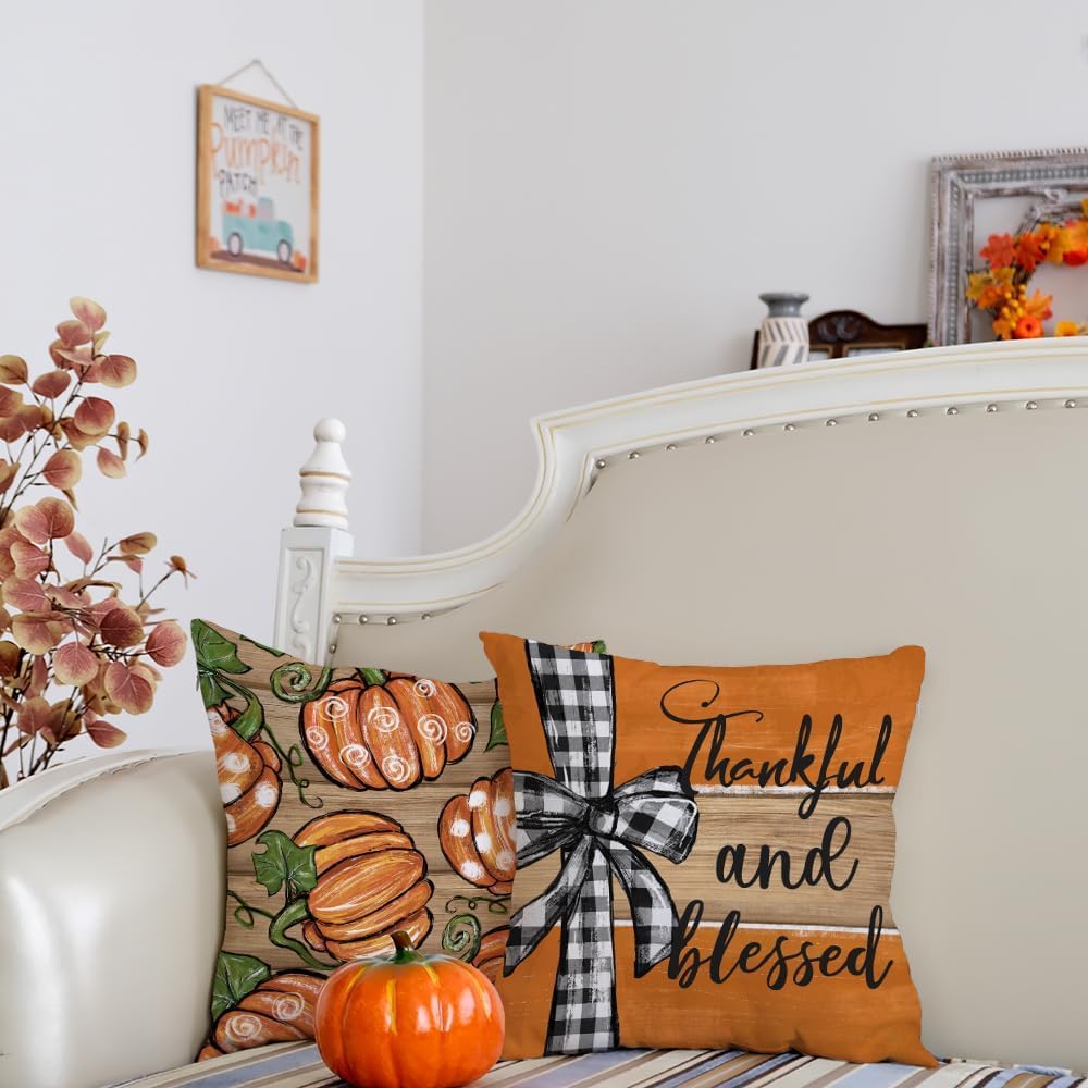 GEEORY Fall Wood Pumpkin Buffalo Plaid Sweet Home Pillow Covers 18x18 Set 4