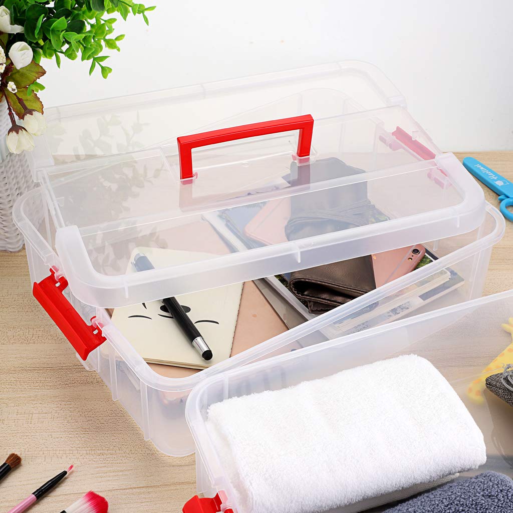 JUXYES 2-Tiers Stack Carry Storage Box With Handle, Transparent Stackable Storage Bin With Handle Lid Latching Storage Container for School & Office Supplies (Red)