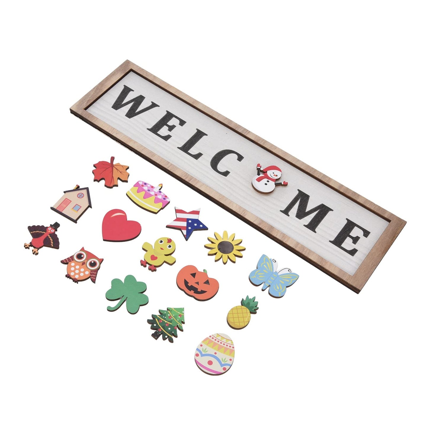 Holiday Interchangeable Welcome Sign for Front Door Christmas Wood Porch Sign with 16 Pcs Seasonal Icons Home Farmhouse Xmas Welcome Outdoor Festival Seasonal Decoration