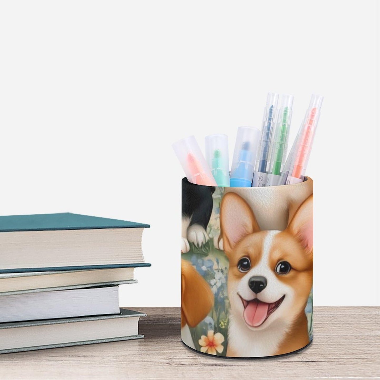 UTRSIFB Pen Holder Leather Pencil, Holder Cup Makeup Brush Storage Organizer, Waterproof Multifunctional Office Supplies Puppy