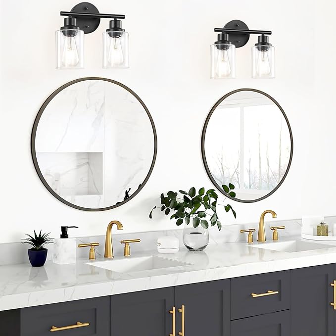 2-Light Black Bathroom Light Fixtures, E26 Modern Vanity Lights for Bathroom with Clear Glass Shade, Wall Lamps for Mirror Kitchen Hallway Cabinet Living Room Sconces Lights