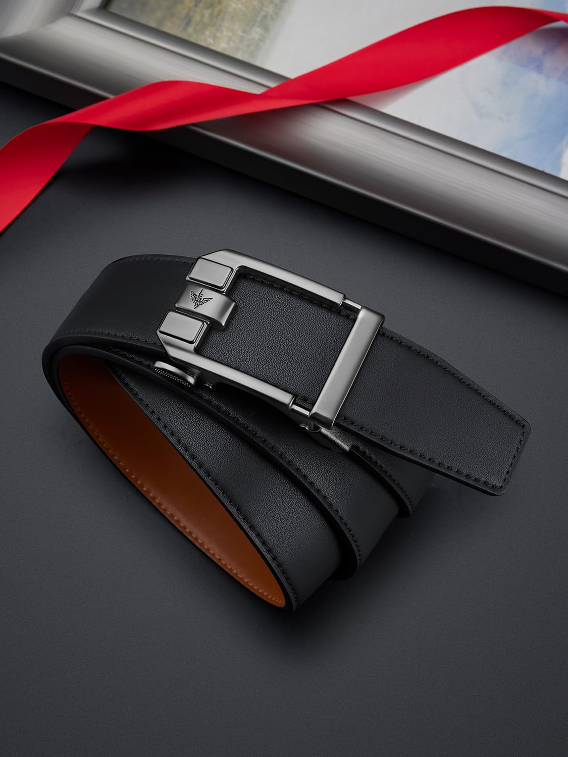 VANNANBA Men's Ratchet Belt Click Leather Adjustable Belts 1 3/8" with Alloy Automatic Buckle Gift Box for Casual Dress Pants, Cut for Fit