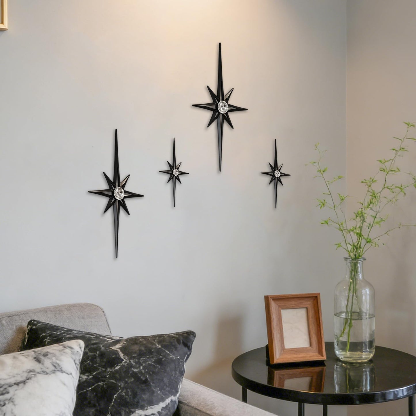 sxnzequnze 4 Pcs Star Wall Art for Home Decor Living Room Bedroom Office Metal 3D,Bling,with Hanging Hook Starburst Midcentury Sculpture Retro Gallery Accent Celestial -Black 16.5in/9.4in