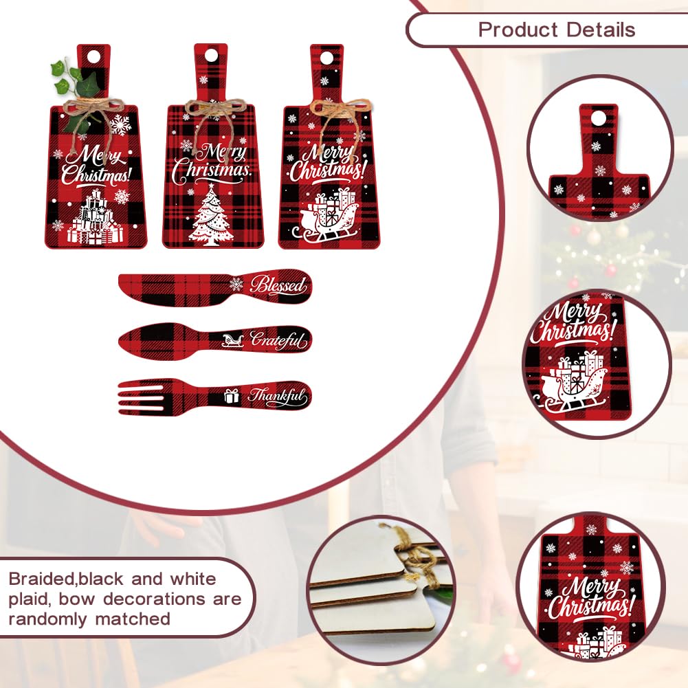 PH PandaHall 6pcs Christmas Wooden Sign, Red Plaid Christmas Kitchen Eat Sign Decorations Wall Decor Eat Art Hanging Fork Spoon Dining Signs for Home Kitchen Dining Living Room Bar Cafe