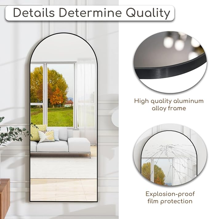 Arched Floor Mirror, 64 "x 21" Full Length Mirror Wall Mirrors Hanging or Leaning Arched-Top Full Body Mirrors with Stand for Bedroom, Dressing Room, Black