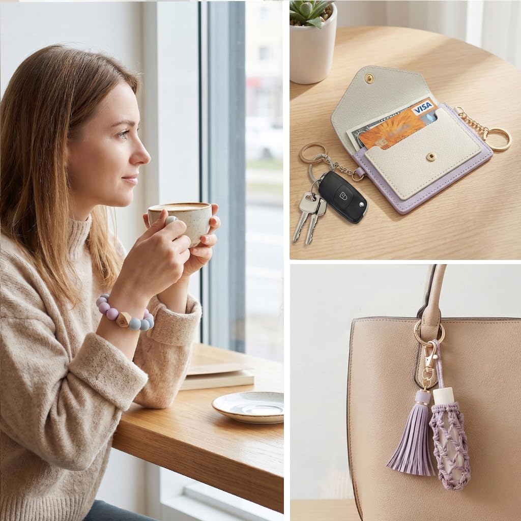 BIHRTC Keychain Bracelet with Leather Card Wallet Hand Made Dream Weaving Lipstick Holder Silicone Bead Key Ring Bracelet Bangle Purse Card Key Holder for Women Wristlet Keychain