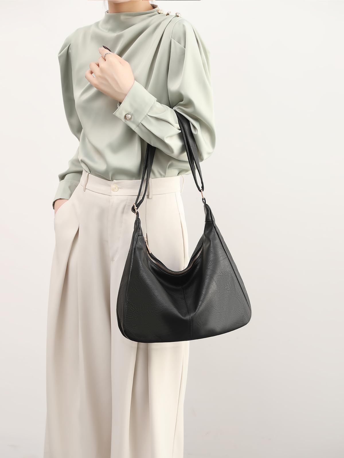 NIUEIMEE ZHOU Hobo Bags for Women Foldable Vegan Leather Shoulder Handbag Slouchy Tote Crossbody Purses
