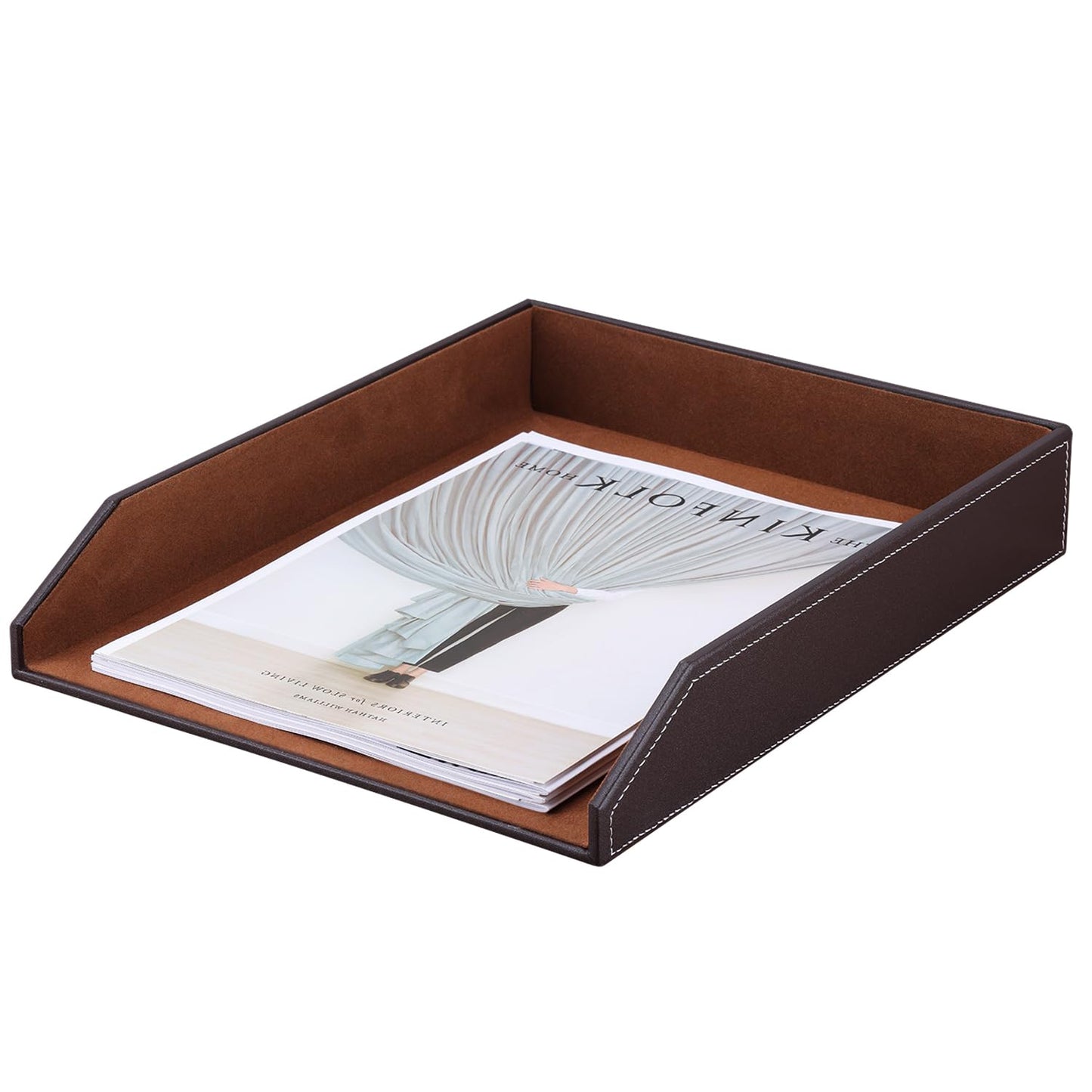 KINGFOM Letter Tray, PU Leather Paper Organizer Tray for Desk, Paper Organizer Storage Holder for Office Home or School A4 Size Brown