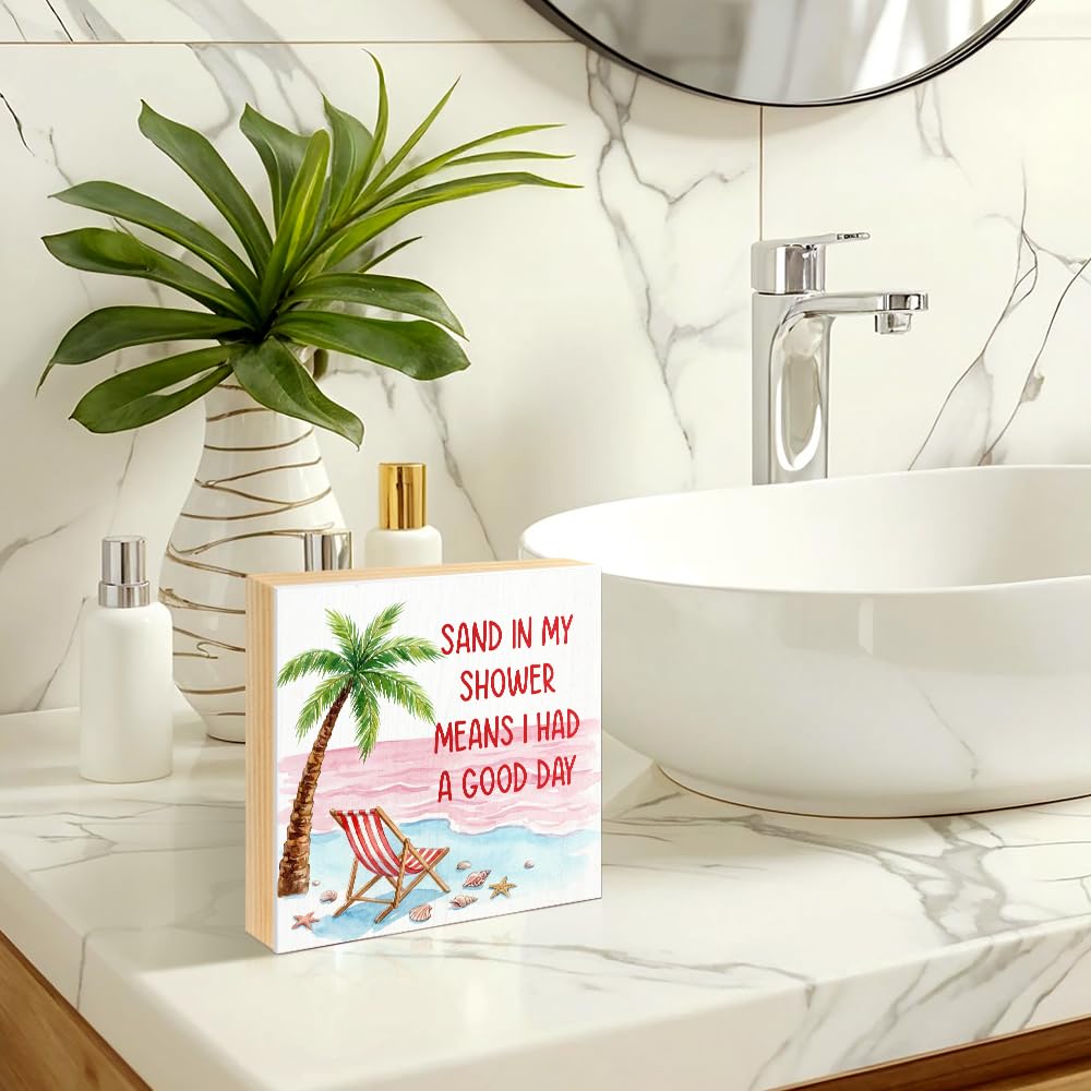 JQYCJTR Sand in My Shower Means I Had a Great Day Wood Block Plaque Box Sign for Home Living Room Coffee House Bar Shelf Table Decoration, Coastal Easter Beach Sign, Coastal Bathroom Home Decor