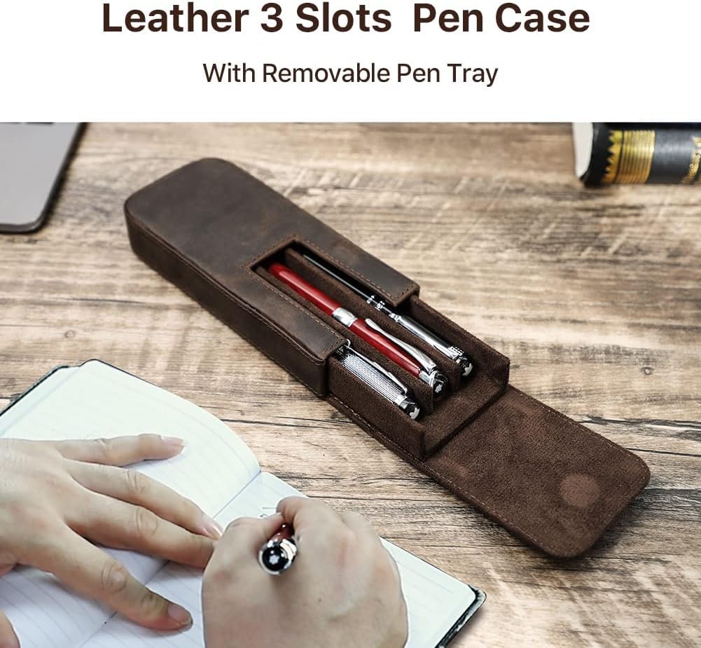 UPRESYE Genuine Leather Fountain Pen Case Collector Organizer, Leather Pencil Case Handmade Pen Protective Sleeve