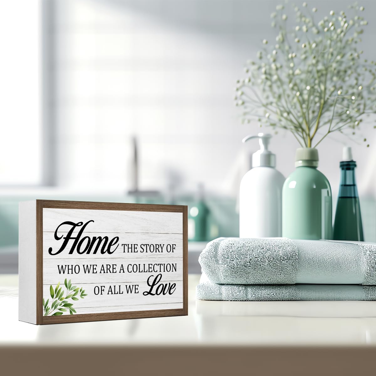 Home The Story of Who We are Wooden Box Sign Desk Decor,Family Quotes Wooden Block Plaque Sign for Home Farmhouse Living Room Bedroom Shelf Table Wall Decor