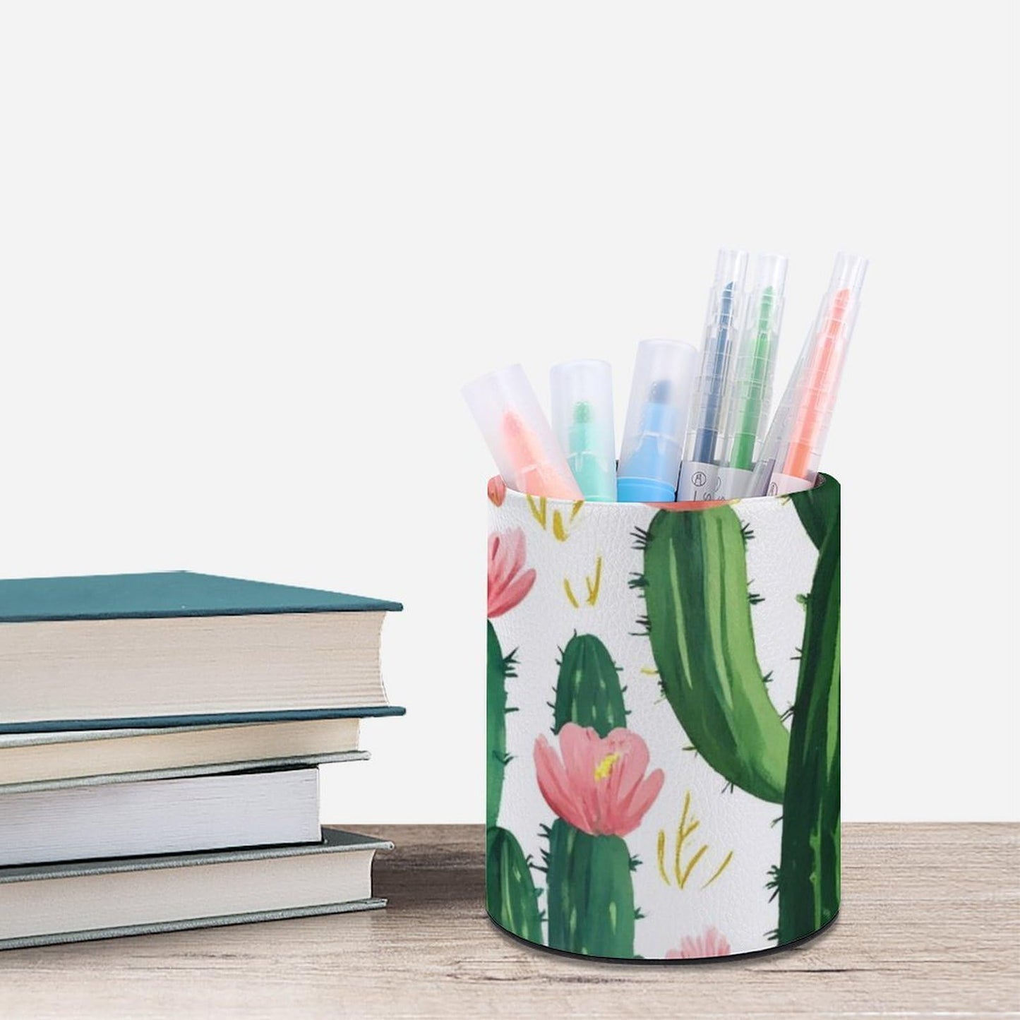 UTRSIFB Pen Holder Leather Pencil, Holder Cup Makeup Brush Storage Organizer, Waterproof Multifunctional Office Supplies Floral Cactus Flowers