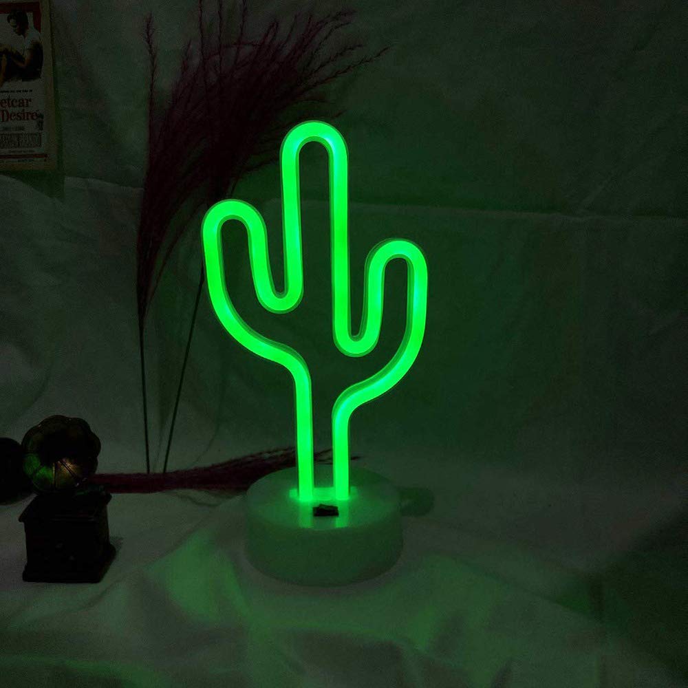 Green Cactus Neon Light Signs LED Cactus Neon Night Lights with Pedestal Room Decor Battery/USB Operation Lamps Neon Signs Light Up Children's Room Bedroom Wedding