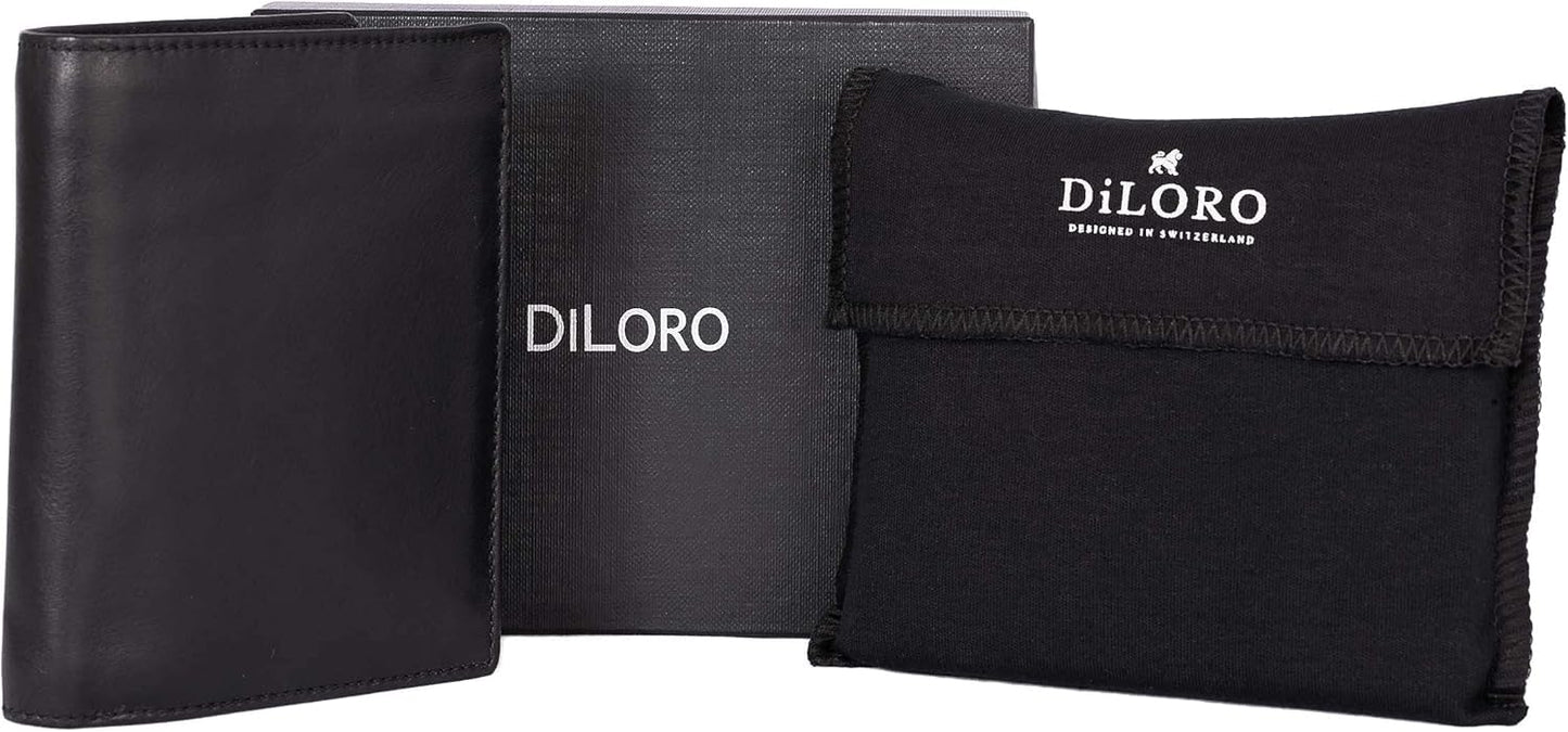 DiLoro Mens Wallet RFID Blocking Genuine Full Grain Leather Bifold Wallet with Flip ID Coin and Secure Zip Compartment Extra Large (Black Nappa)