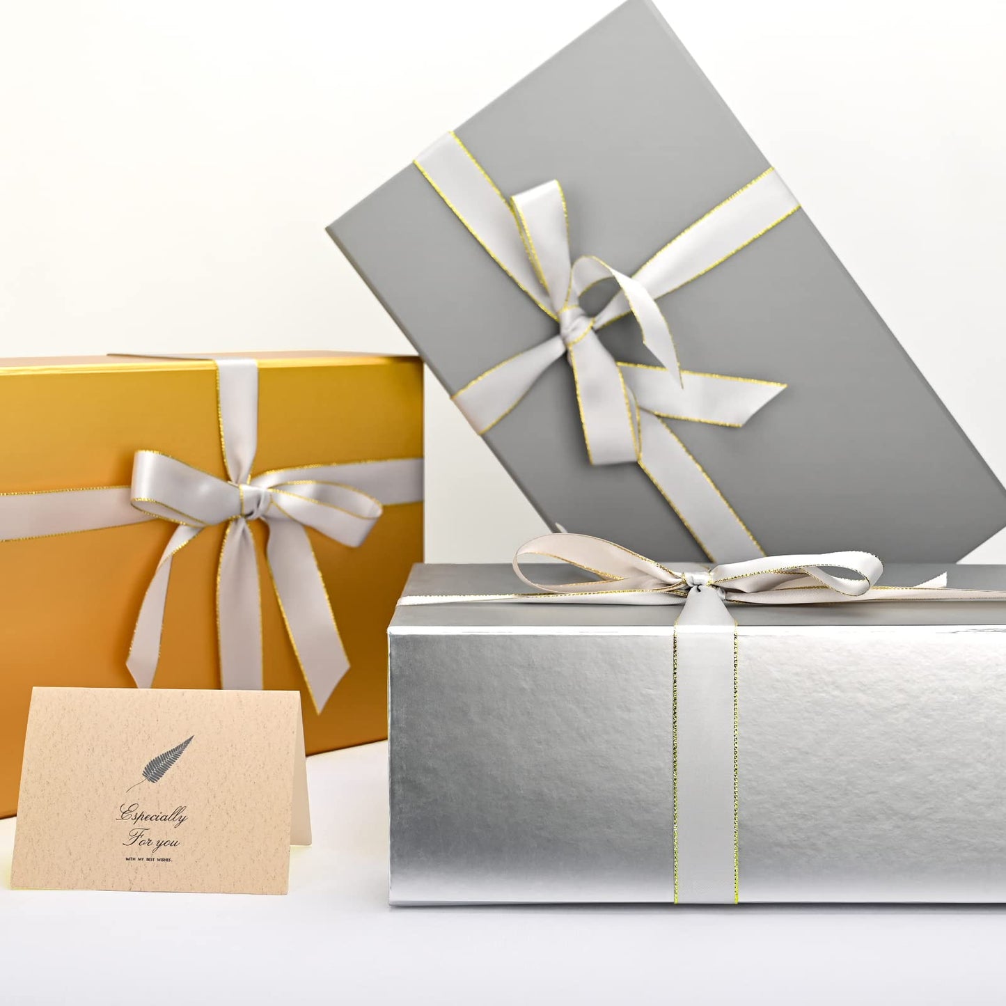 LIFELUM Gift Boxes with Lids, 1 Pack 13.8 x 8.3 x 4.4 inch Silver Gift Boxes with Ribbon, Card, Shredded Paper Filler for Presents, Graduation, Christmas, Birthdays