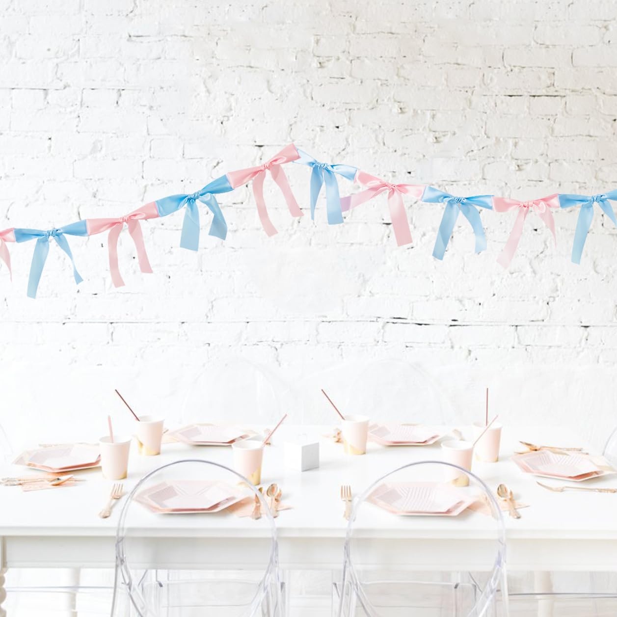 Eanjia Gender Reveal Bow Knot Garland |6ft Gender Reveal Party Decor with 3ft Extend Ribbon Pre-Assembled Satin Ribbon Banners with Baby Pink/Blue Bows Baby Shower No DIY Needed (Pink & Blue, 6ft)