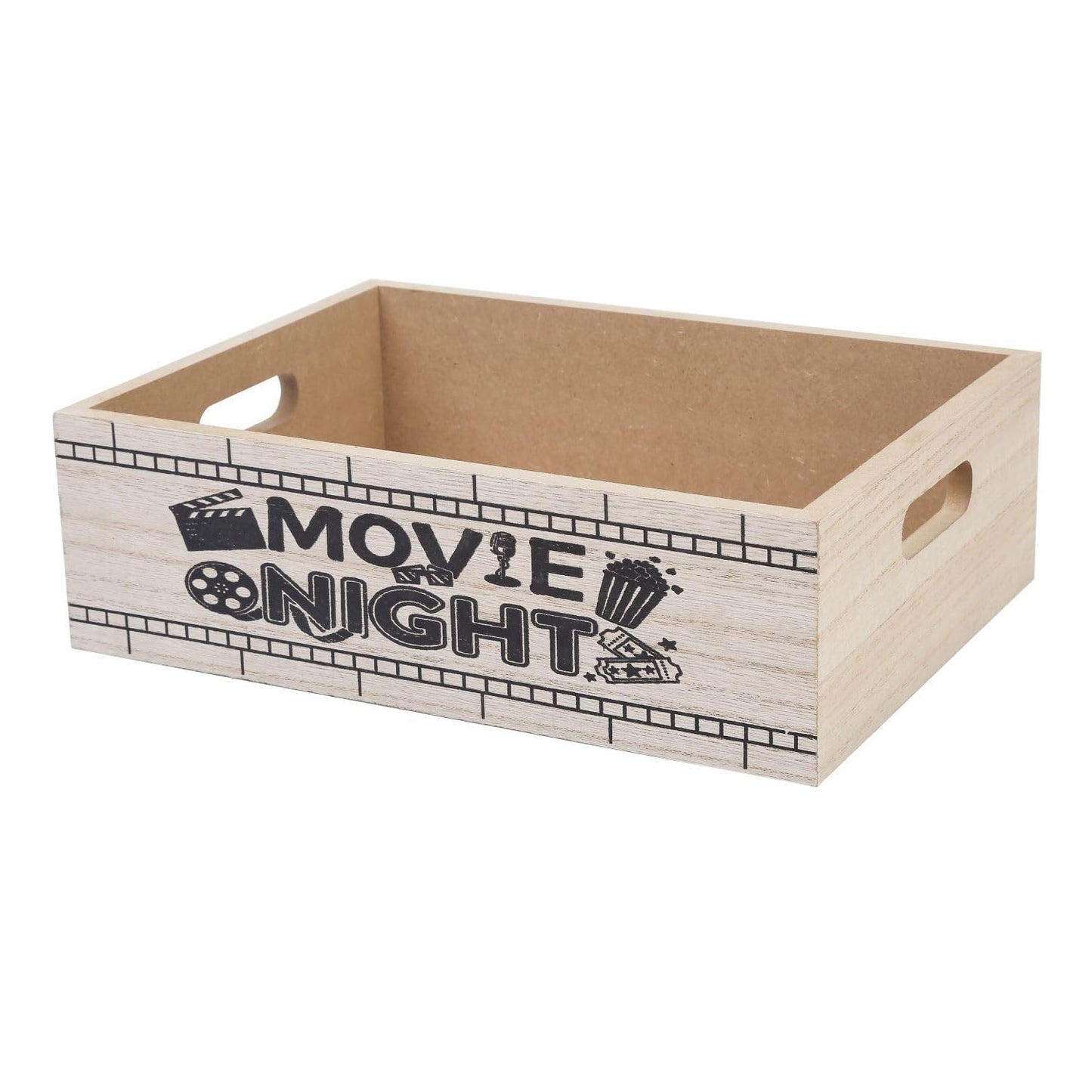 ZQUDBF Wooden Movie Night Snack Tray with Handles – Reusable Popcorn Bucket Organizer for Theater Room Decor – Sturdy Gift Basket for Family Movie Nights & Holiday Parties (Movie Night)