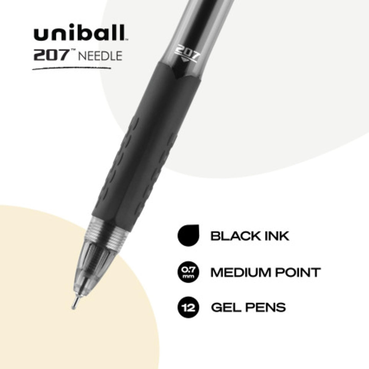 uni-ball 207 Retractable Gel Pens Medium Point, 0.7mm, Black, 12 Pack
