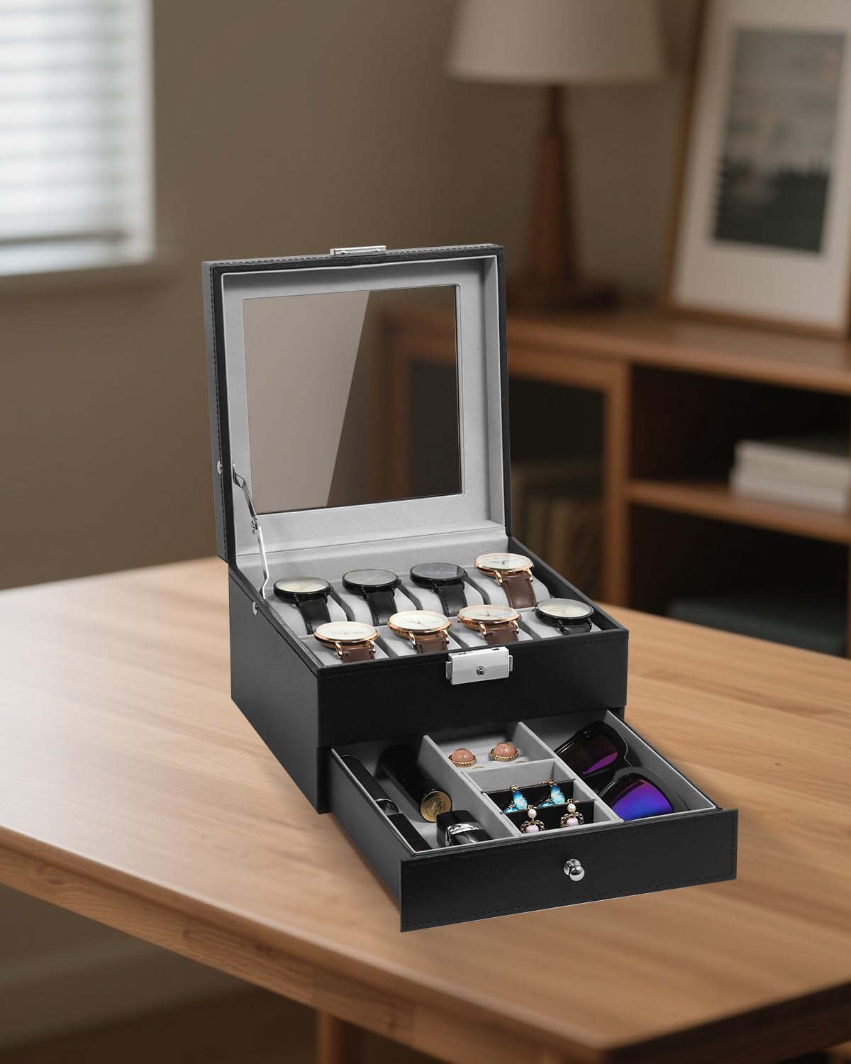 Uten 8-Slot Watch Box, 2-Layers PU Leather Watch Case with Glass Lid, Watch Holder Organizer with Soft Pillow and Velvet Lining, Watch and Jewelry Storage Box