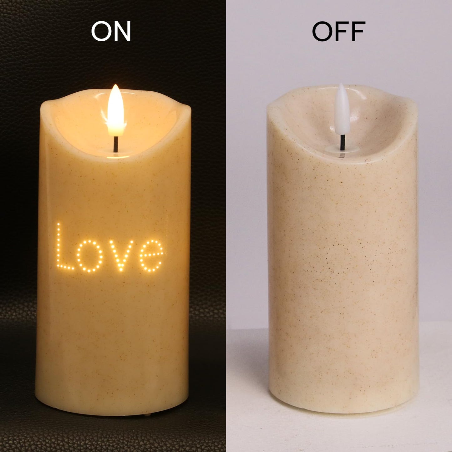 BAIRAYEN Love Flameless Candles 2-Pack, Fiber Optic Fake Candles with Timer, Warm White Battery Operated LED Lights 6" Tall for Wedding, Valentine, Anniversary, Christmas Table Decor