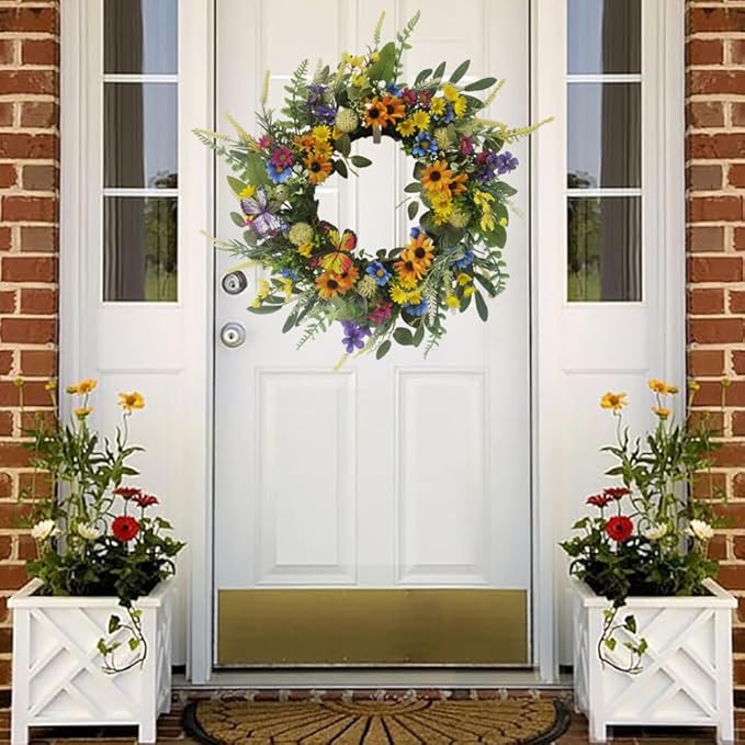 22 Inch Spring Summer Wreath for Front Door,Sunflower and Daisy with Eucalyptus Leaves,Mixed Flower,Fairy Lights,Artificial Wreath for Front Door Spring Outdoor Home Decor Easter Decor