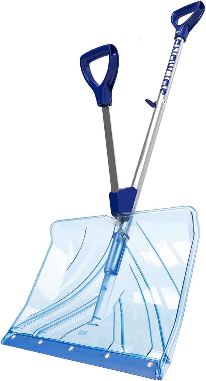 Snow Joe Snow Shovel, Shovelution Strain-Reducing Ice Remover w/ Assist Handle, 18", Blue - Heavy-Duty Blade Tool for Digging and Removing Ice from Driveway, Patio, and Yard, SJ-SHLV02