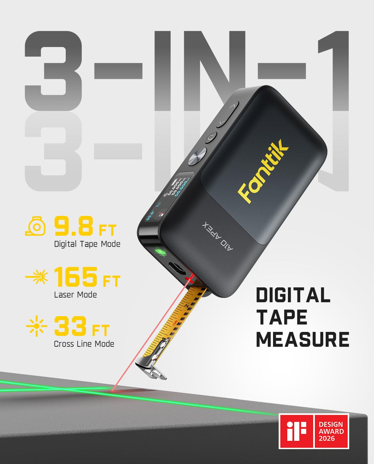 Fanttik A10 Apex 3-in-1 Digital Laser Tape Measure with HD Color Display, 165Ft Rechargeable Laser Measurement & 32Ft Green Cross Line Laser & 9.8Ft Tape, 6 Units, for Distance/Area/Volume/Leveling