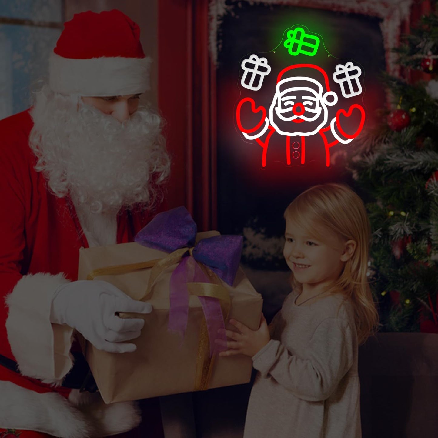 Santa Claus Neon Sign Waving Santa Window Neon Light for Wall Decor Dimmable Christmas Light Up Sign Led Santa Throwing Gift Box Decoration for Party