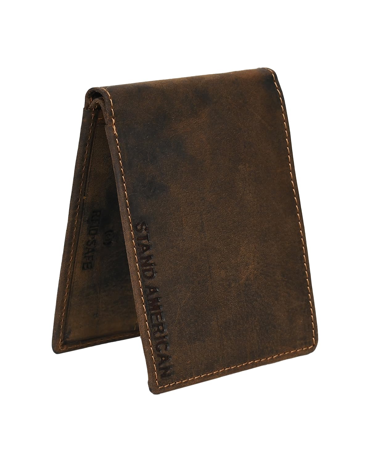 Stand American Men's Full Grain Hunter Leather Bifold Wallet with RFID Blocking - Slim Design with Total 7 Card Slots (2 Concealed Card Slots) ID Window & 2 Cash Pockets With Premium Stiching (TAN)