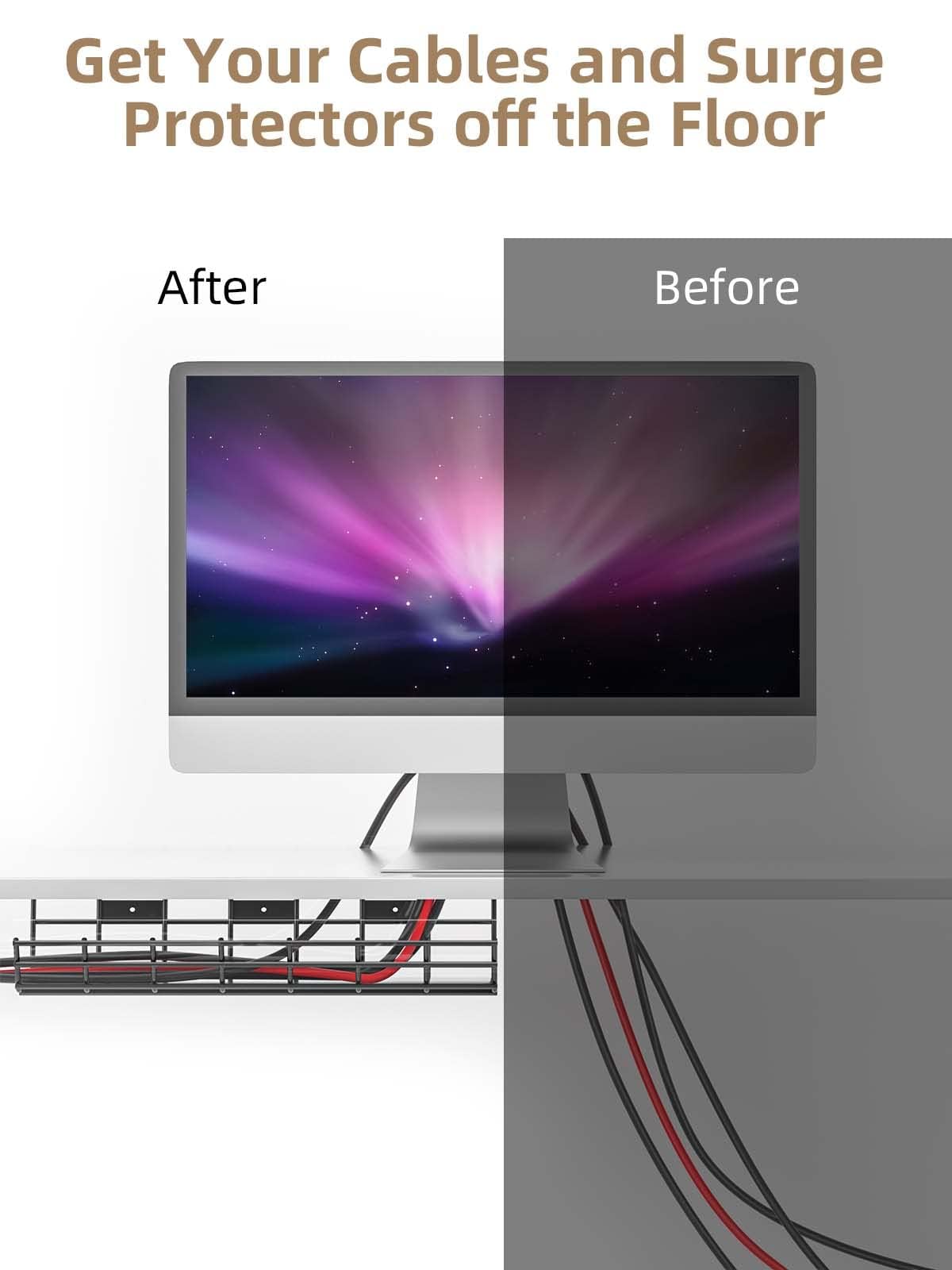 2 Pack DELAMU Under Desk Cable Management Tray, Large Metal Cord Organizer, Office & Home Cord Wire Management Under Desk Shelf, Easy Install Pre-drilled Cable Organizer, Black