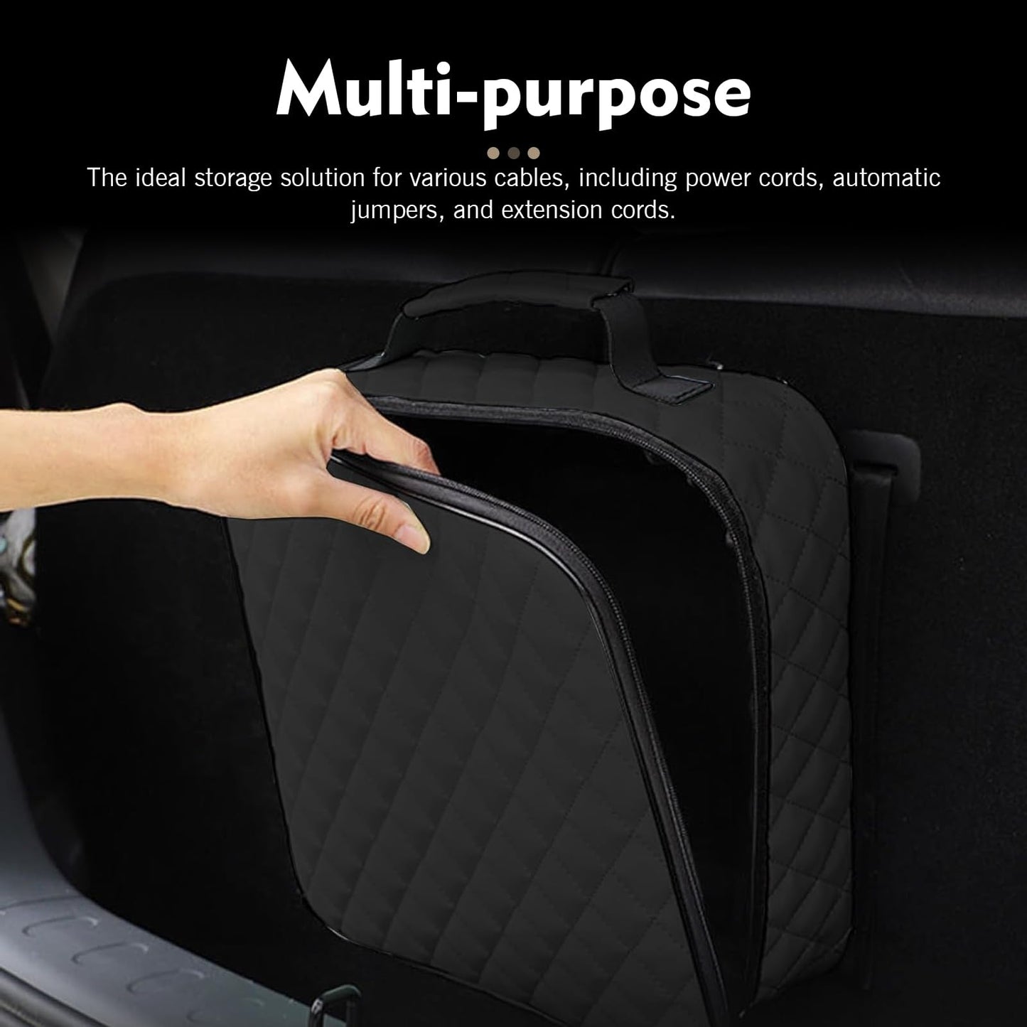 Foelony Car Jumper Cable Bag, 12.6In Leather Waterproof Tools Cable Bag, Portable Car Trunk Storage & Organizer for EV Charging Cord, Hoses, Universal for Road Trip Garage