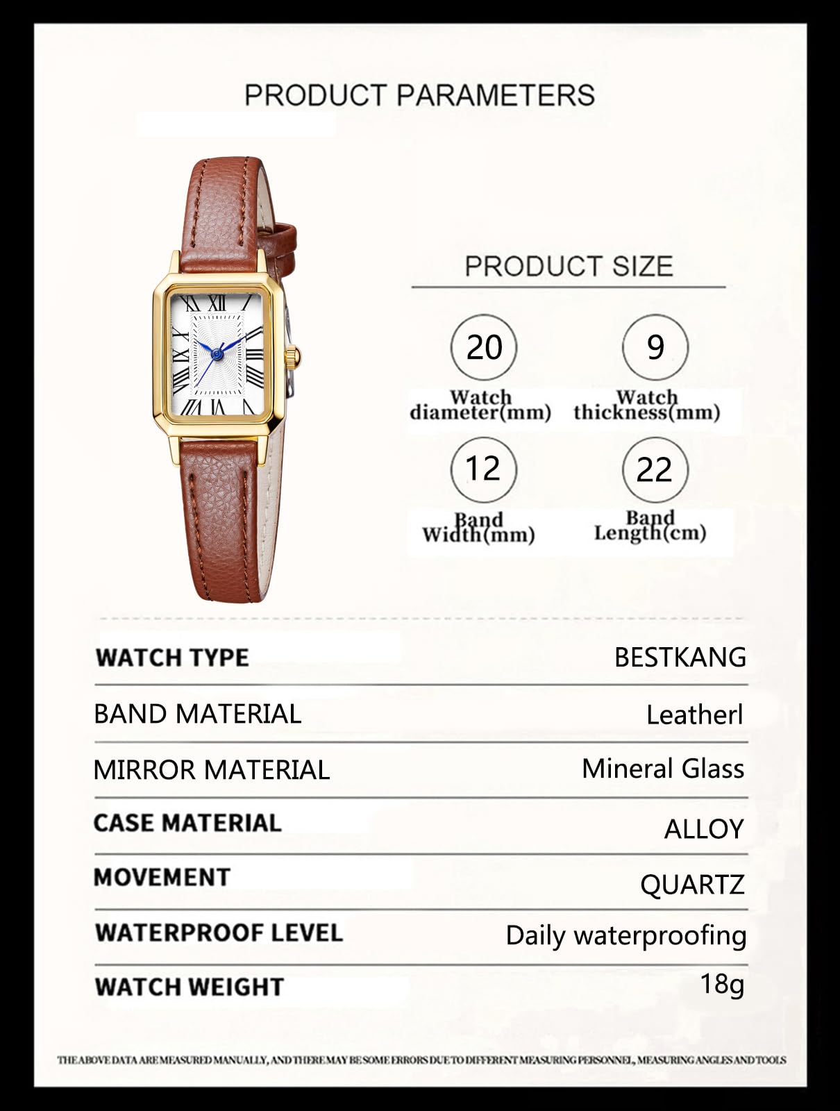 BESTKANG Leather Strap Watches for Women Elegant Dainty Ladies Watch Vintage Rectangle Women Quartz Wrist Watch (Brown Gold White)